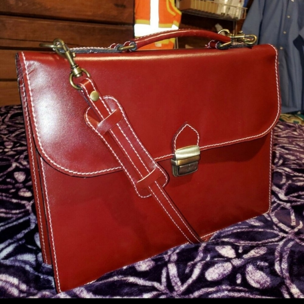 15" HAND MADE ITALIAN LEATHER BRIEFCASE SATCHEL LAPTOP OFFICE BAG RED MESSENGER